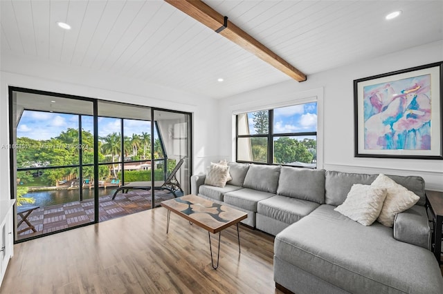 living room featuring hardwood / wood-style floors, plenty of natural light, beam ceiling, and a water view