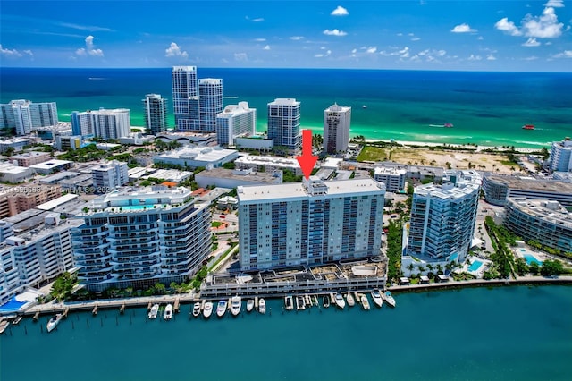 aerial view featuring a water view