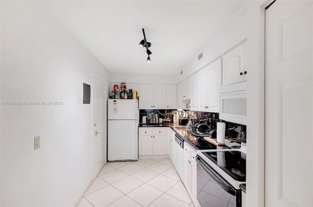 kitchen with backsplash, sink, white cabinets, and white appliances