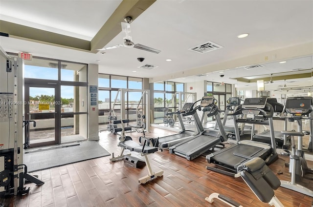 workout area with floor to ceiling windows, hardwood / wood-style flooring, and ceiling fan