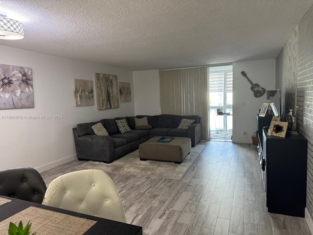 living room featuring a textured ceiling and light hardwood / wood-style flooring