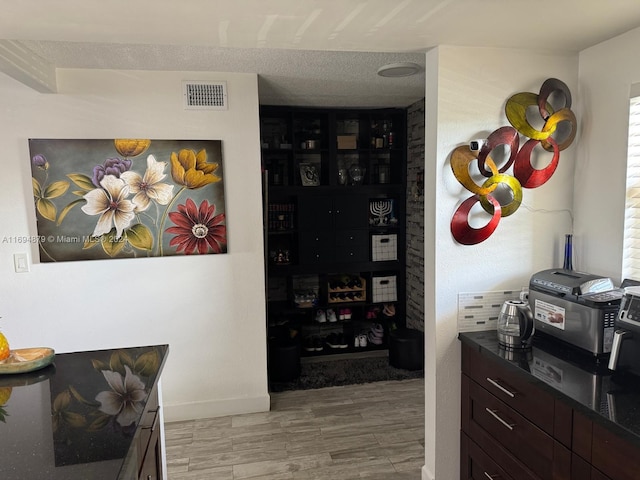 kitchen with dark brown cabinetry, a textured ceiling, and light hardwood / wood-style flooring