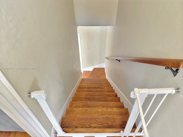 staircase with hardwood / wood-style floors