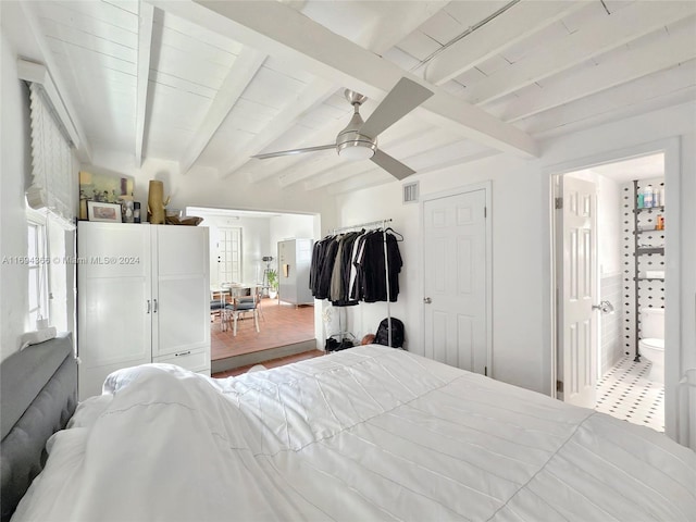 bedroom with beam ceiling, ceiling fan, and hardwood / wood-style floors