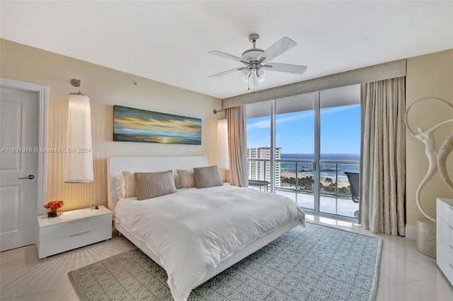 bedroom with access to outside, ceiling fan, a water view, and light tile patterned flooring