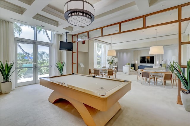 playroom with french doors, light colored carpet, coffered ceiling, and billiards