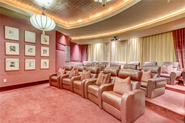 carpeted cinema featuring a tray ceiling