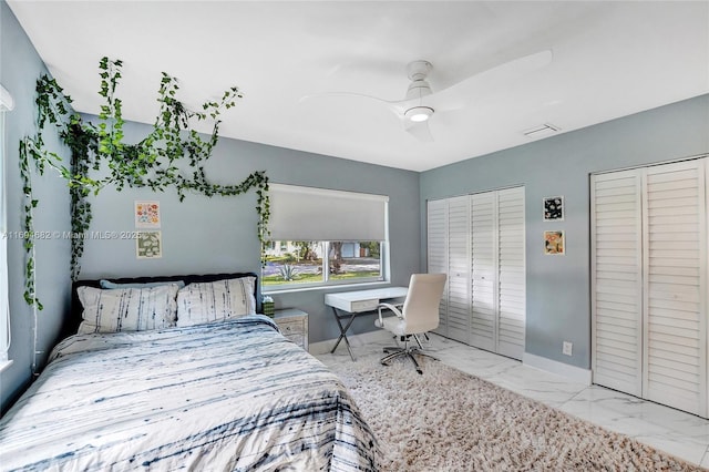 bedroom with ceiling fan and multiple closets