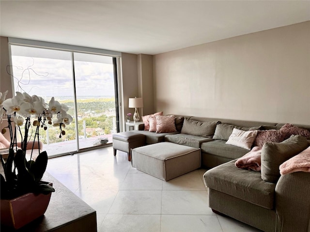 living room with a healthy amount of sunlight and floor to ceiling windows