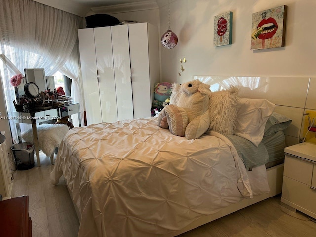 bedroom with a closet and light hardwood / wood-style flooring