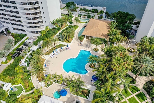 aerial view featuring a water view