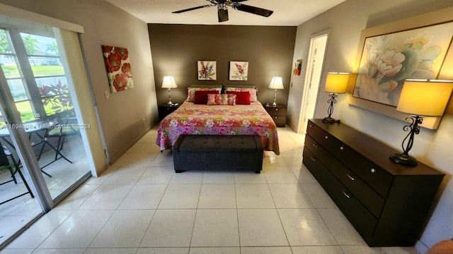 bedroom with access to exterior, ceiling fan, and light tile patterned flooring