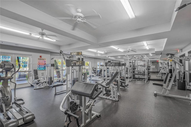 gym featuring ceiling fan