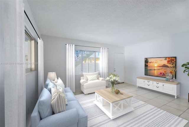 tiled living room with a textured ceiling