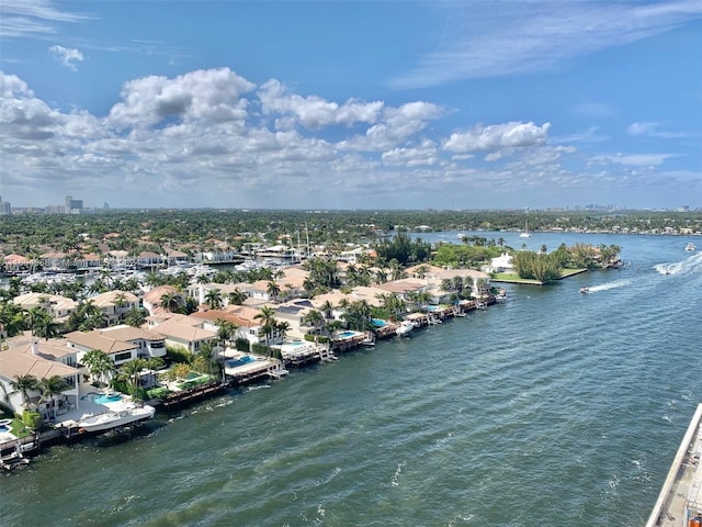 drone / aerial view with a water view