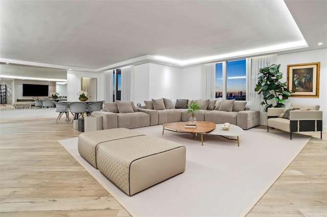 living room featuring light hardwood / wood-style flooring and expansive windows