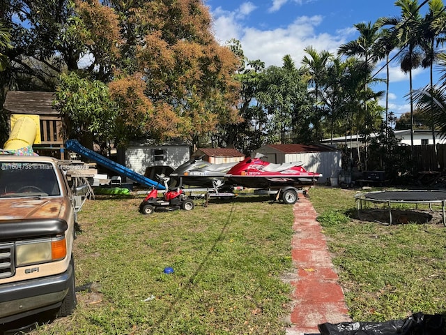 view of yard with a trampoline, a playground, and a storage unit