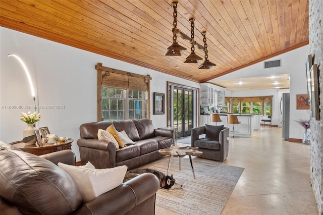 living room featuring wooden ceiling, ornamental molding, and vaulted ceiling