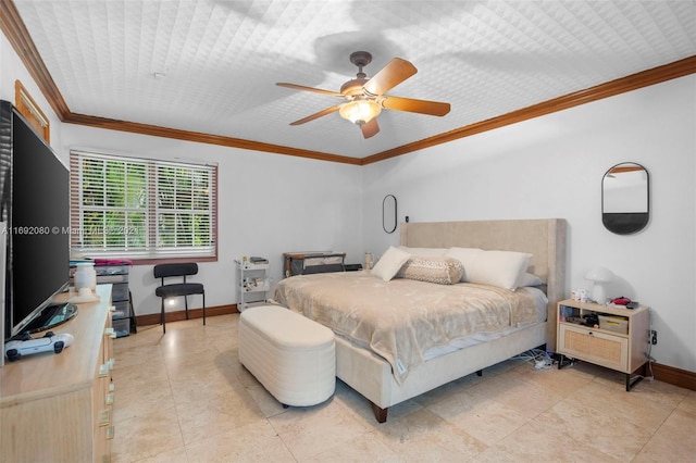 bedroom with ceiling fan, light tile patterned flooring, and crown molding