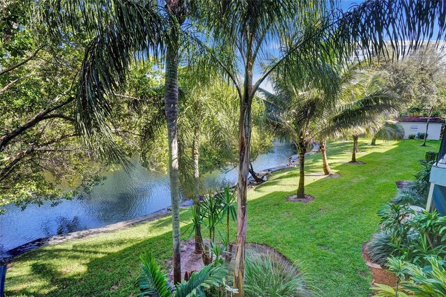 view of home's community featuring a lawn and a water view