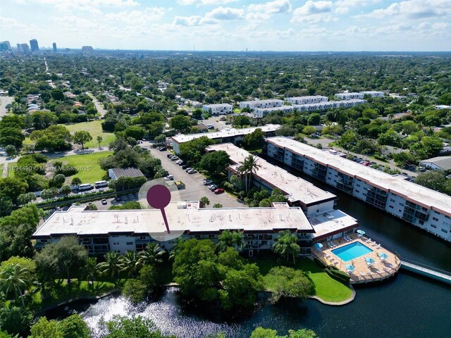 aerial view featuring a water view