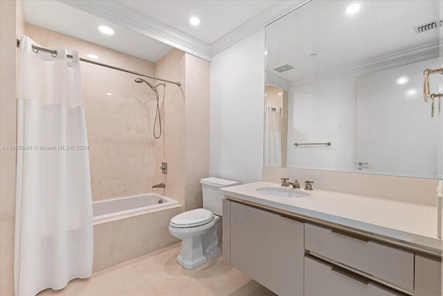 full bathroom with shower / bath combo, tile patterned floors, toilet, vanity, and ornamental molding