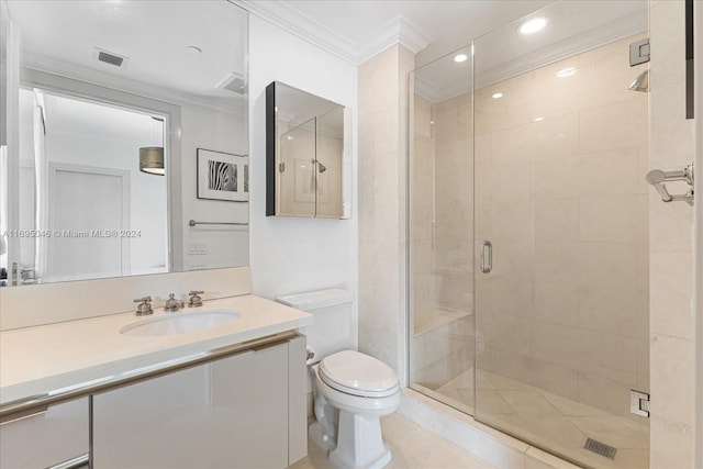 bathroom featuring walk in shower, vanity, crown molding, tile patterned flooring, and toilet