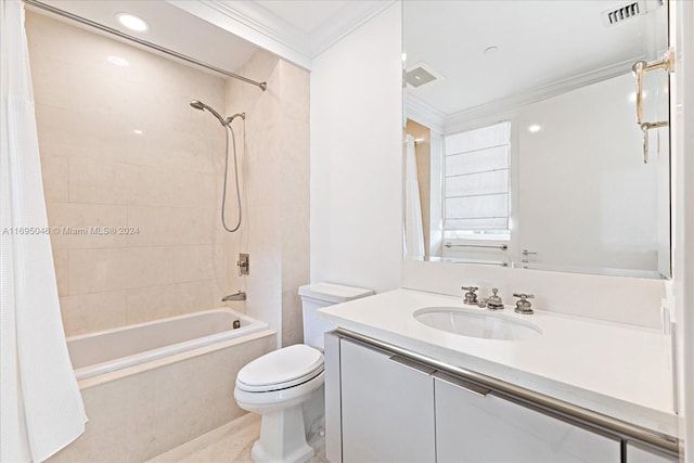 full bathroom featuring tile patterned floors, vanity, crown molding, shower / bathtub combination with curtain, and toilet