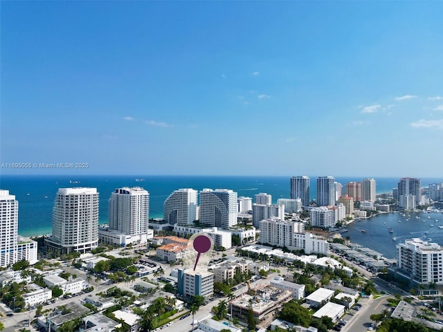 birds eye view of property featuring a view of city and a water view