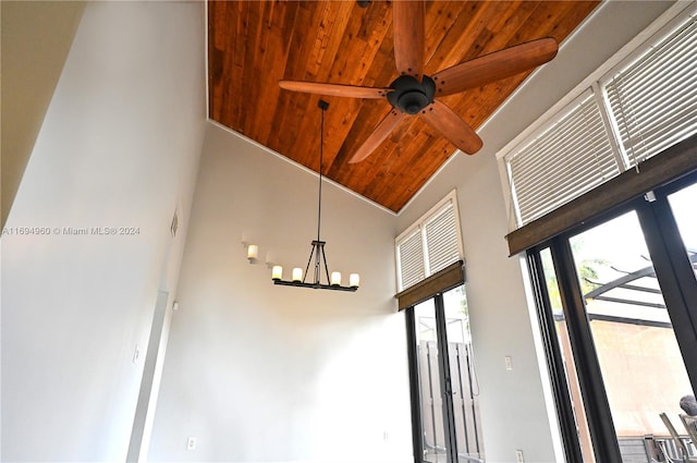 room details featuring wood ceiling and a chandelier