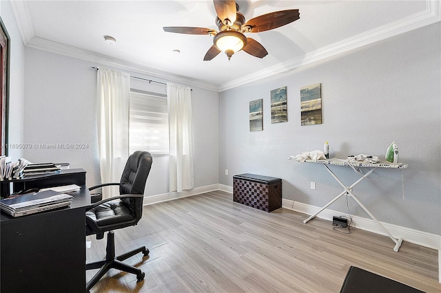 office space with ceiling fan, ornamental molding, and hardwood / wood-style flooring