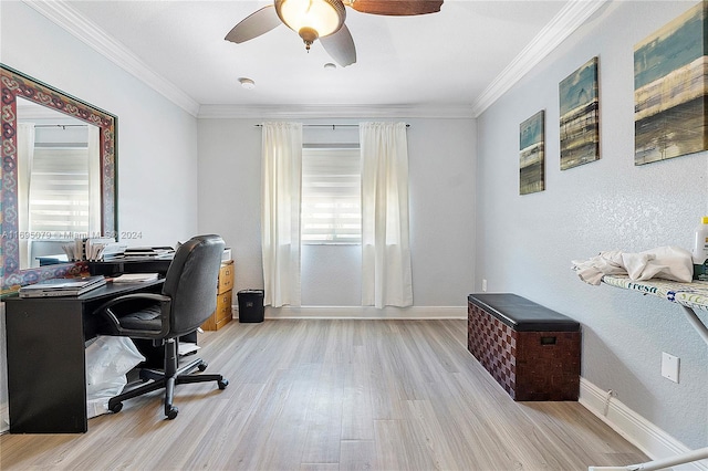 office area featuring ceiling fan, light hardwood / wood-style floors, and crown molding