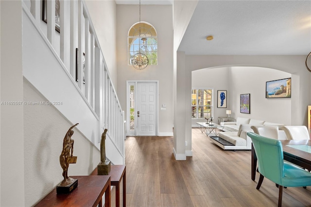 entryway featuring a towering ceiling and hardwood / wood-style flooring