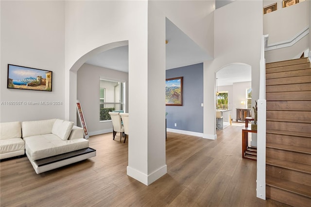 living room featuring wood-type flooring and a high ceiling