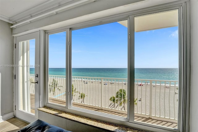 view of water feature with a beach view