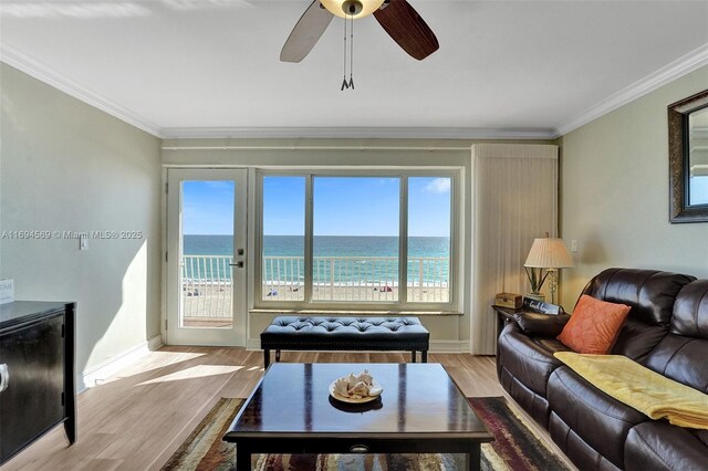 living room with light hardwood / wood-style floors, a water view, and ornamental molding