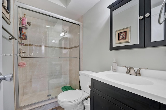 full bathroom featuring toilet, a stall shower, and vanity