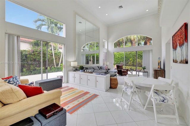 tiled living room featuring a high ceiling and a wealth of natural light