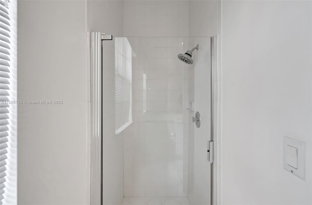 bathroom featuring a shower with shower door