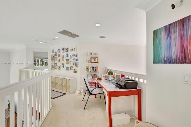 office featuring light colored carpet and ornamental molding