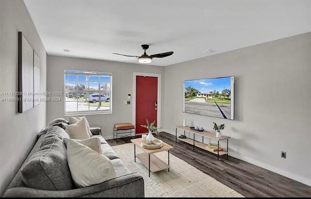 living room featuring ceiling fan and wood-type flooring