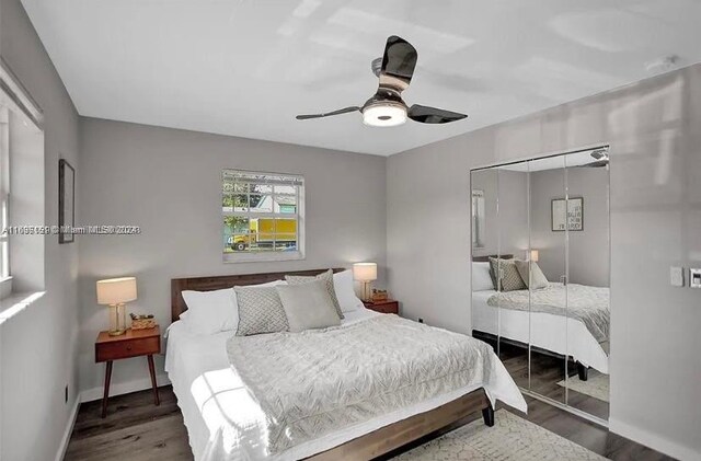 bedroom with a closet, hardwood / wood-style flooring, and ceiling fan