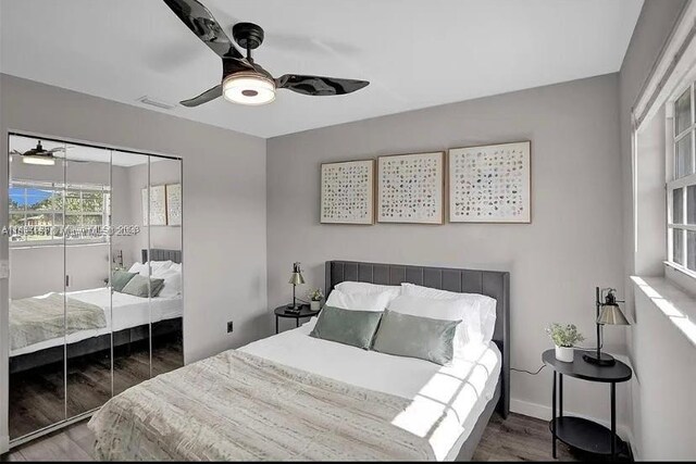 bedroom with ceiling fan, a closet, and dark wood-type flooring