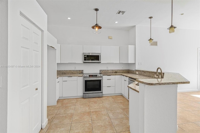 kitchen featuring kitchen peninsula, stainless steel appliances, white cabinets, and hanging light fixtures