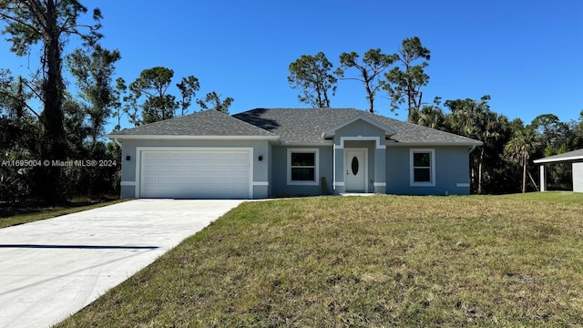 single story home with a garage and a front yard