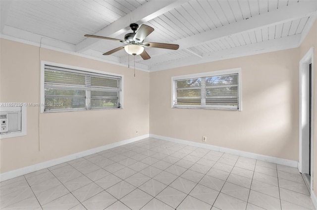 unfurnished room with beam ceiling, ceiling fan, light tile patterned floors, and wooden ceiling