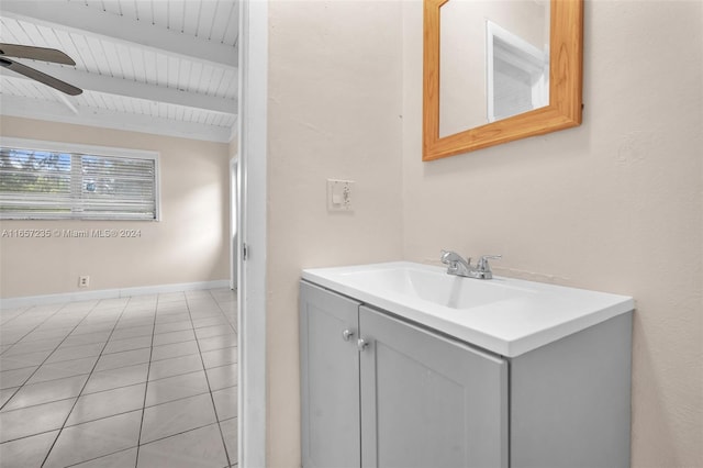 bathroom featuring vanity, tile patterned flooring, ceiling fan, beam ceiling, and wood ceiling