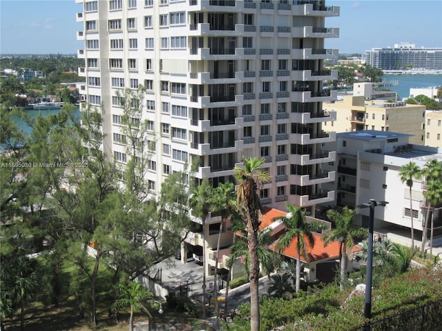 view of building exterior featuring a water view