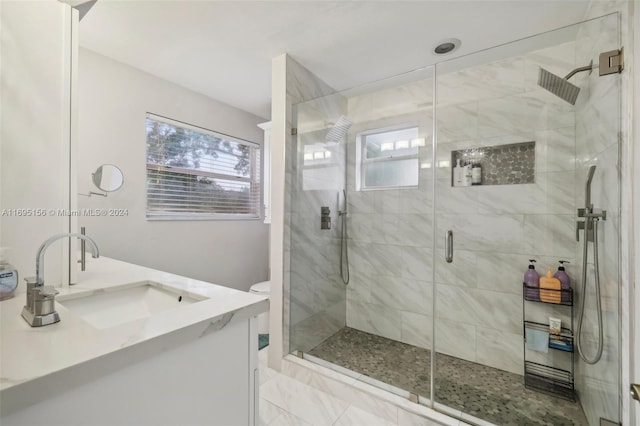 bathroom with vanity, toilet, and a shower with shower door