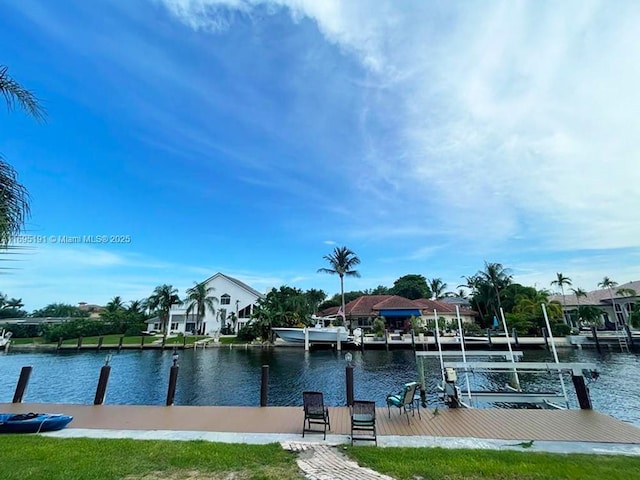 dock area featuring a water view and a yard